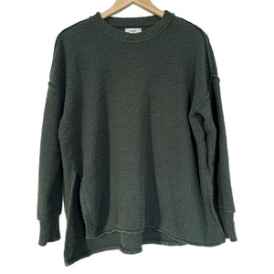 Aerie Deep Green Knit Drop Shoulder Crew Neck Sweater Cozy Oversized Side Slit